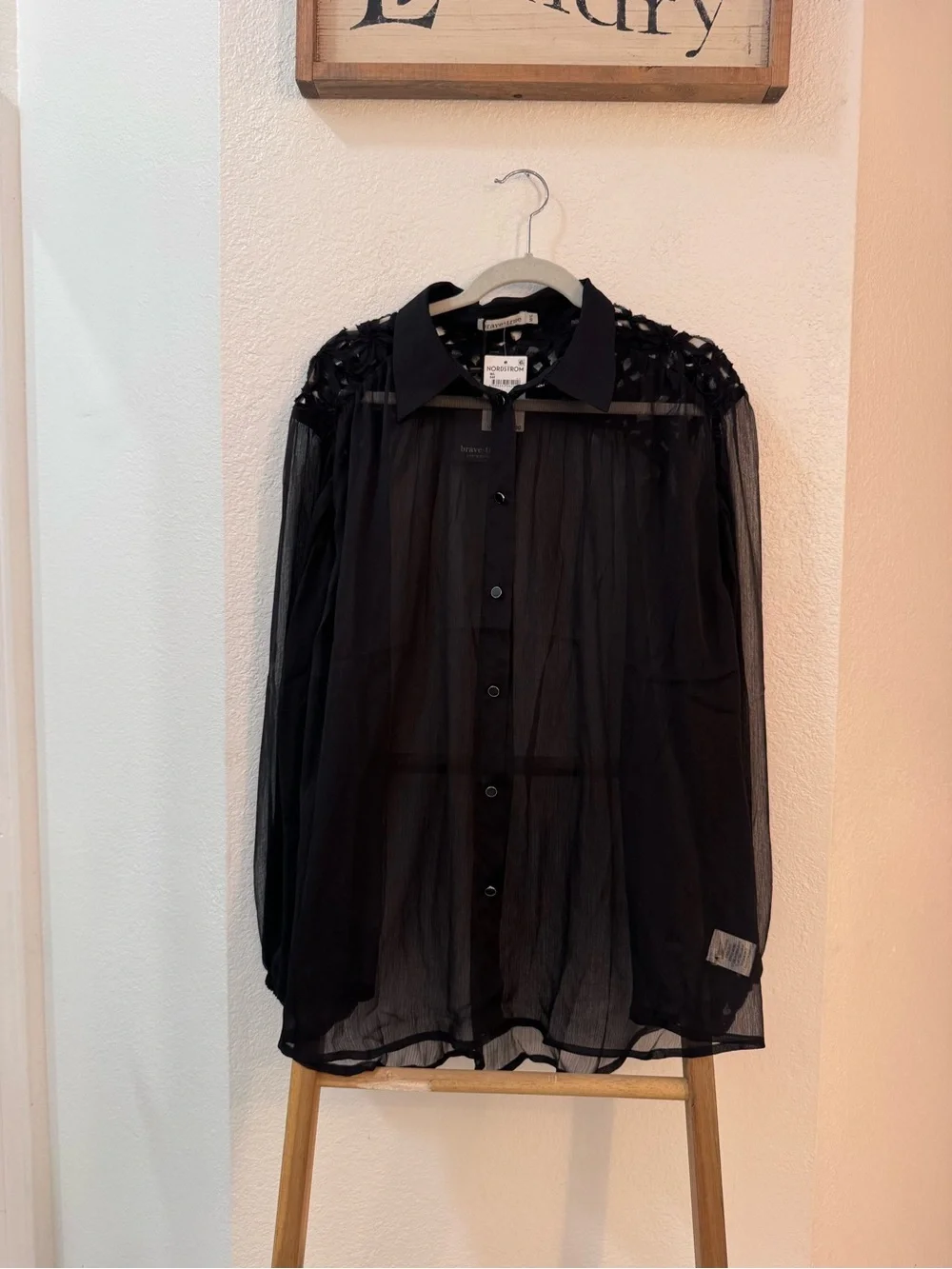 Nordstrom Brave + True  Sheer Button-Down Blouse W/Lace/Woven Yoke Ballon Sleeve